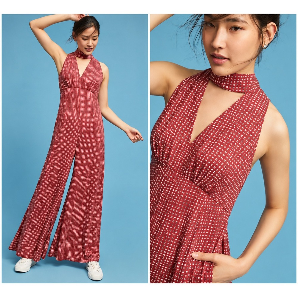 Maeve Anthropologie Red Floral Geometric Wide Leg Halter Jumpsuit Size 4